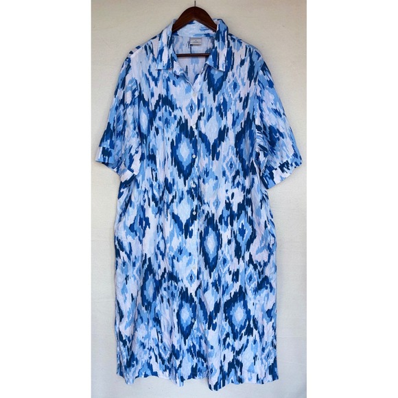 NOTTIBIANCHE Linen Shirt Dress Caftan Midi Maxi Button Lagenlook Blue Ikat 1X - Picture 2 of 9